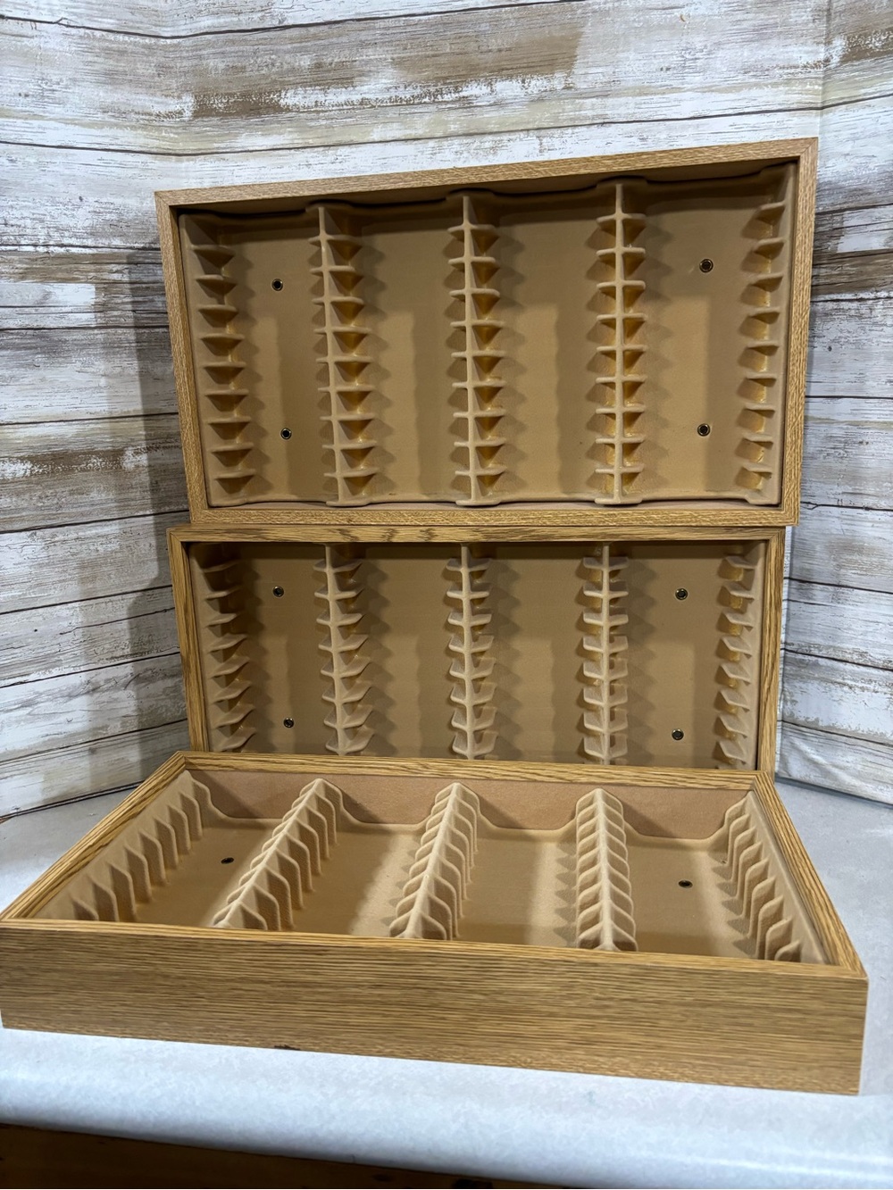 3x woodgrain look cassette storage crates